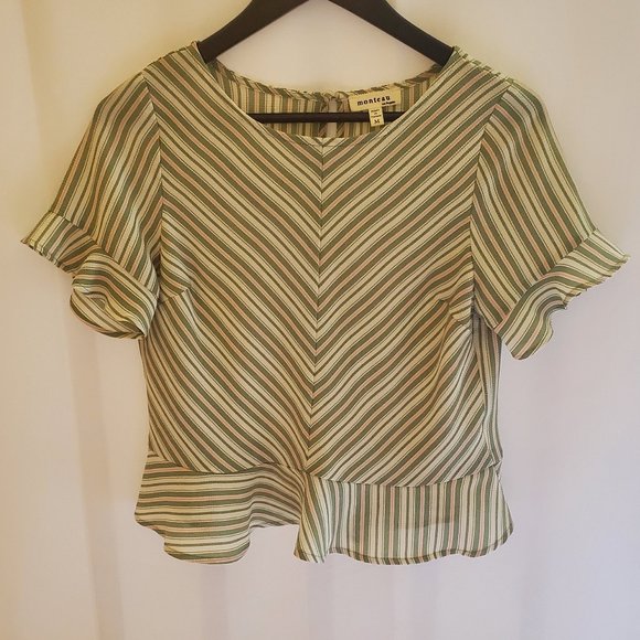 Monteau Semi-Cropped Top Butterfly Sleeves Ruffled Hem Pink, Green, White Size M - Picture 1 of 13